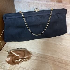 Vintage 60s After Five Black Satin Evening Bag Clutch Attached Coin Purse Glam
